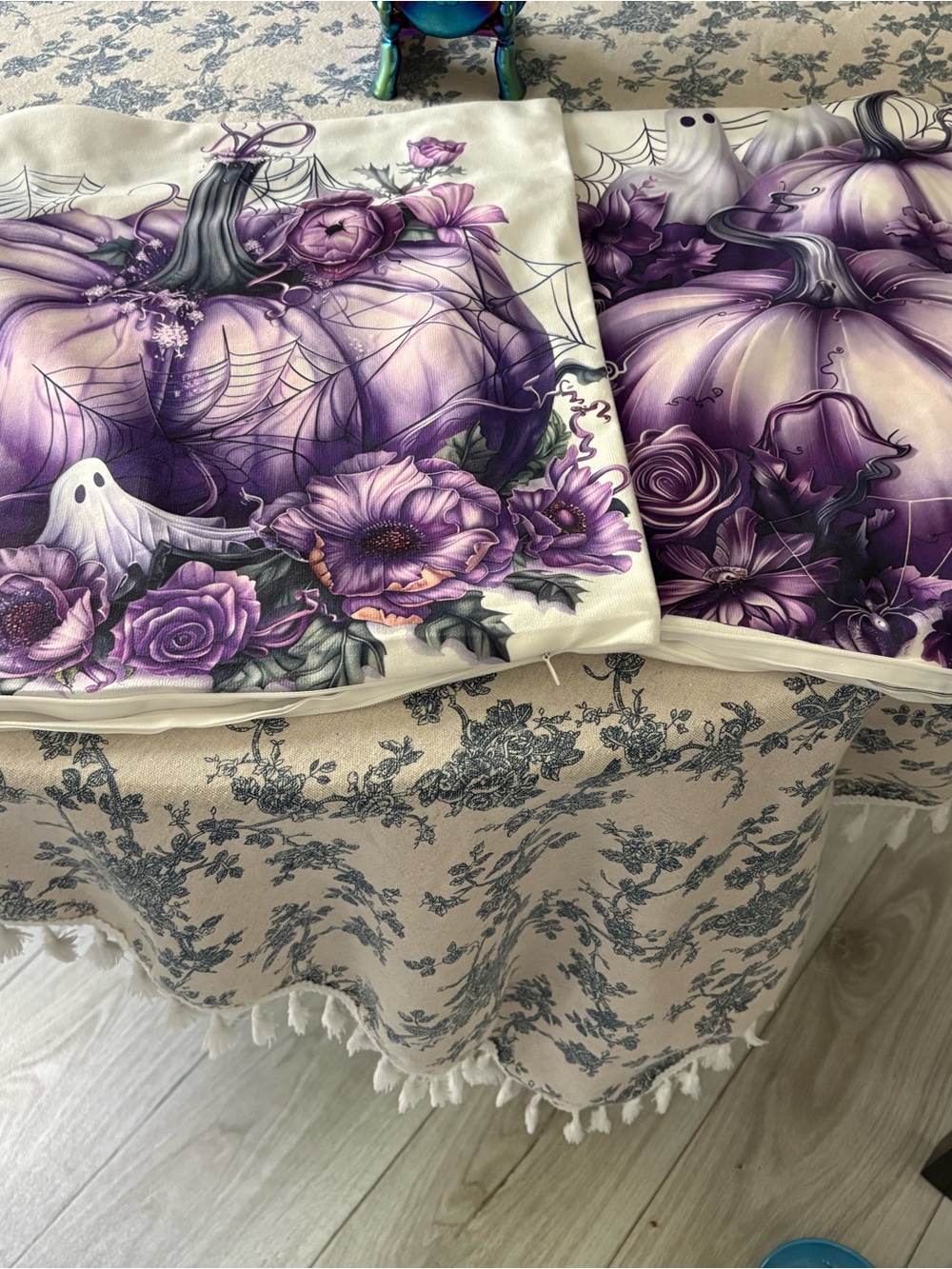 Purple Floral Pumpkin Halloween Couch Pillow Covers - Set of 2